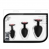 Набор черных анальных пробок с красным кристаллом-сердечком Bling Plugs Training Kit - Blush Novelties - купить с доставкой в Санкт-Петербурге