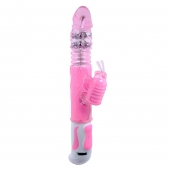 Розовый вибратор с вращением бусин и клиторальной бабочкой - 30 см. - Baile