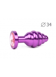 Коническая ребристая фиолетовая анальная втулка с розовым кристаллом - 8 см. - Anal Jewelry Plug - купить с доставкой в Санкт-Петербурге