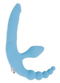 Голубой безремневой страпон с анальным отростком и вибрацией - 15 см. - Bior toys - купить с доставкой в Санкт-Петербурге