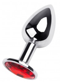 Маленькая коническая серебристая анальная пробка с красным кристаллом - 7 см. - ToyFa - купить с доставкой в Санкт-Петербурге