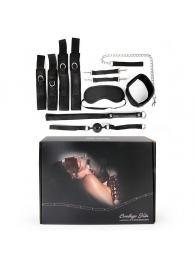 Черный текстильный набор БДСМ: наручники, оковы, ошейник с поводком, кляп, маска, плеть - Bior toys - купить с доставкой в Санкт-Петербурге