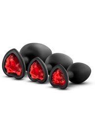 Набор черных анальных пробок с красным кристаллом-сердечком Bling Plugs Training Kit - Blush Novelties - купить с доставкой в Санкт-Петербурге