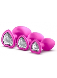 Набор розовых анальных пробок с прозрачным кристаллом-сердечком Bling Plugs Training Kit - Blush Novelties - купить с доставкой в Санкт-Петербурге