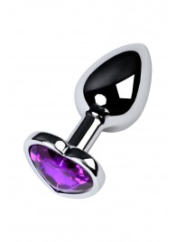 Серебристая коническая анальная пробка с фиолетовым кристаллом-сердечком - 7 см. - ToyFa - купить с доставкой в Санкт-Петербурге