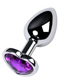Серебристая коническая анальная пробка с фиолетовым кристаллом-сердечком - 7 см. - ToyFa - купить с доставкой в Санкт-Петербурге