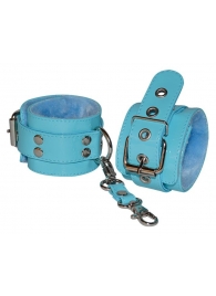 Голубые лаковые наручники с меховой отделкой - Sitabella - купить с доставкой в Санкт-Петербурге