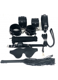 Набор БДСМ в черном цвете: наручники, поножи, кляп, ошейник с поводком, маска, веревка, плеть - Vandersex - купить с доставкой в Санкт-Петербурге
