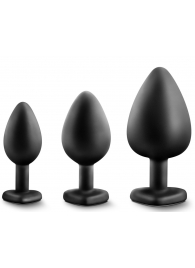 Набор из 3 черных пробок с прозрачным кристаллом-сердечком Bling Plugs Training Kit - Blush Novelties - купить с доставкой в Санкт-Петербурге