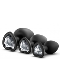 Набор из 3 черных пробок с прозрачным кристаллом-сердечком Bling Plugs Training Kit - Blush Novelties - купить с доставкой в Санкт-Петербурге