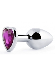 Серебристая анальная пробка с фиолетовым кристаллом-сердечком - 8 см. - Anal Jewelry Plug - купить с доставкой в Санкт-Петербурге