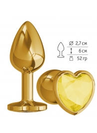 Золотистая анальная втулка с желтым кристаллом-сердечком - 7 см. - Джага-Джага - купить с доставкой в Санкт-Петербурге