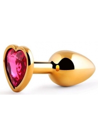 Золотистая анальная пробка с малиновым кристаллом-сердечком - 7 см. - Anal Jewelry Plug - купить с доставкой в Санкт-Петербурге