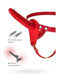 Красный страпон на ремнях с вагинальной пробкой - 15 см. - ToyFa - купить с доставкой в Санкт-Петербурге