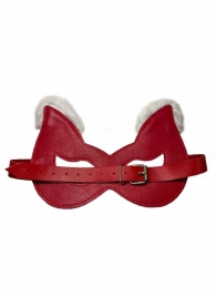 Красная маска из натуральной кожи с белым мехом на ушках - БДСМ Арсенал - купить с доставкой в Санкт-Петербурге