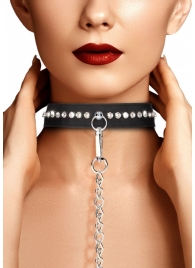 Черный ошейник с поводком Diamond Studded Collar With Leash - Shots Media BV - купить с доставкой в Санкт-Петербурге