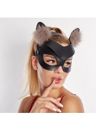 Черная кожаная маска  Кошечка  с мехом - Sitabella - купить с доставкой в Санкт-Петербурге