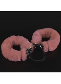 Черные кожаные оковы со съемной розовой опушкой - Sitabella - купить с доставкой в Санкт-Петербурге