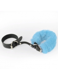 Черные кожаные наручники со съемной голубой опушкой - Sitabella - купить с доставкой в Санкт-Петербурге