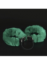 Черные кожаные наручники со съемной зеленой опушкой - Sitabella - купить с доставкой в Санкт-Петербурге