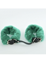Черные кожаные наручники со съемной зеленой опушкой - Sitabella - купить с доставкой в Санкт-Петербурге
