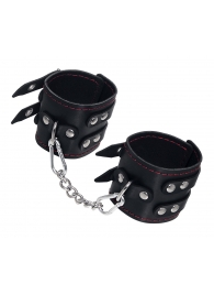 Черные кожаные наручники с двумя ремнями и контрастной строчкой - Pecado - купить с доставкой в Санкт-Петербурге