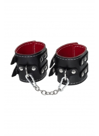 Черные кожаные наручники с двумя ремнями и красной подкладкой - Pecado - купить с доставкой в Санкт-Петербурге