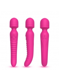 Ярко-розовый двусторонний wand-вибромассажер с рифленой ручкой - 22,5 см. - Silicone Toys
