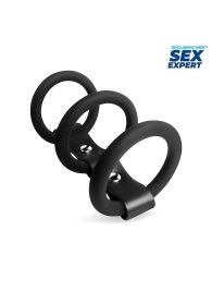 Черное тройное эрекционное кольцо с ремешком - Sex Expert - в Санкт-Петербурге купить с доставкой
