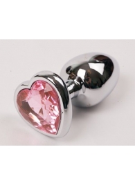 Серебристая анальная пробка с розовым стразиком-сердечком - 8 см. - 4sexdreaM - купить с доставкой в Санкт-Петербурге