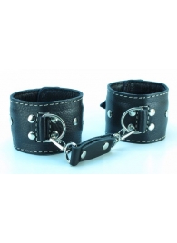 Чёрные кожаные наручники с крупной строчкой - БДСМ Арсенал - купить с доставкой в Санкт-Петербурге