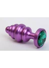 Фиолетовая ребристая анальная пробка с зеленым кристаллом - 7,3 см. - 4sexdreaM - купить с доставкой в Санкт-Петербурге