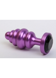 Фиолетовая ребристая анальная пробка с чёрным кристаллом - 7,3 см. - 4sexdreaM - купить с доставкой в Санкт-Петербурге
