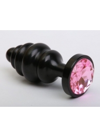 Чёрная ребристая анальная пробка с розовым кристаллом - 7,3 см. - 4sexdreaM - купить с доставкой в Санкт-Петербурге