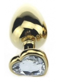 Золотистая пробка с прозрачным кристаллом-сердечком - 8 см. - 4sexdreaM - купить с доставкой в Санкт-Петербурге