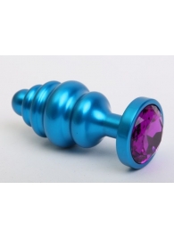 Синяя ребристая анальная пробка с фиолетовым кристаллом - 7,3 см. - 4sexdreaM - купить с доставкой в Санкт-Петербурге