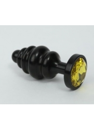 Чёрная ребристая анальная пробка с жёлтым кристаллом - 7,3 см. - 4sexdreaM - купить с доставкой в Санкт-Петербурге
