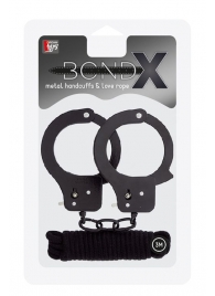 Чёрные наручники из листового металла в комплекте с веревкой BONDX METAL CUFFS LOVE ROPE SET - Dream Toys - купить с доставкой в Санкт-Петербурге