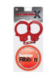 Набор для фиксации BONDX METAL CUFFS AND RIBBON: красные наручники из листового материала и липкая лента - Dream Toys - купить с доставкой в Санкт-Петербурге