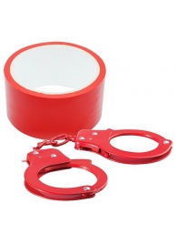 Набор для фиксации BONDX METAL CUFFS AND RIBBON: красные наручники из листового материала и липкая лента - Dream Toys - купить с доставкой #SOTBIT_REGIONS_UF_V_REGION_NAME#