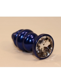 Синяя рифлёная пробка с прозрачным кристаллом - 7,3 см. - 4sexdreaM - купить с доставкой в Санкт-Петербурге