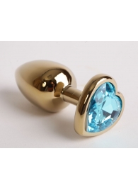 Золотистая анальная пробка с голубым кристаллом-сердцем - 9 см. - 4sexdreaM - купить с доставкой в Санкт-Петербурге