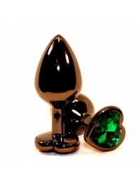 Черная коническая анальная пробка с зеленым кристаллом-сердечком - 8 см. - 4sexdreaM - купить с доставкой в Санкт-Петербурге