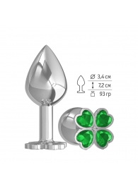 Средняя серебристая анальная втулка с клевером из зеленых кристаллов - 8,5 см. - Джага-Джага - купить с доставкой #SOTBIT_REGIONS_UF_V_REGION_NAME#