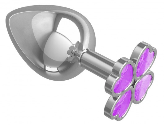 Серебристая анальная пробка-клевер с сиреневым кристаллом - 9,5 см. - Джага-Джага - купить с доставкой в Санкт-Петербурге