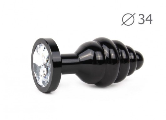Коническая ребристая черная анальная втулка с прозрачным кристаллом - 8 см. - Anal Jewelry Plug - купить с доставкой в Санкт-Петербурге