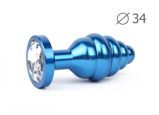 Коническая ребристая синяя анальная втулка с прозрачным кристаллом - 8 см. - Anal Jewelry Plug - купить с доставкой в Санкт-Петербурге