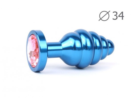 Коническая ребристая синяя анальная втулка с розовым кристаллом - 8 см. - Anal Jewelry Plug - купить с доставкой в Санкт-Петербурге