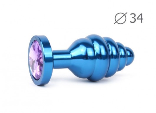 Коническая ребристая синяя анальная втулка с сиреневым кристаллом - 8 см. - Anal Jewelry Plug - купить с доставкой в Санкт-Петербурге