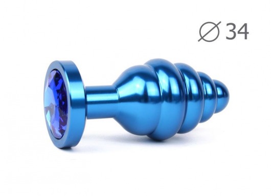 Коническая ребристая синяя анальная втулка с синим кристаллом - 8 см. - Anal Jewelry Plug - купить с доставкой в Санкт-Петербурге